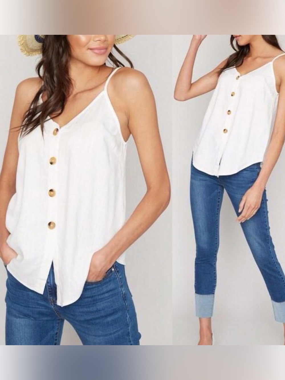 Hayden Cream Button-Front Spaghetti Strap Tank Linen Blend Large